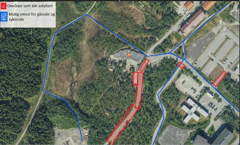 2025-09-25 veiarbeid 2.jpg Bildet viser et oversik over campus Breivika sett ovenfra. Alternative trasséer for gående og syklende markert i blått.